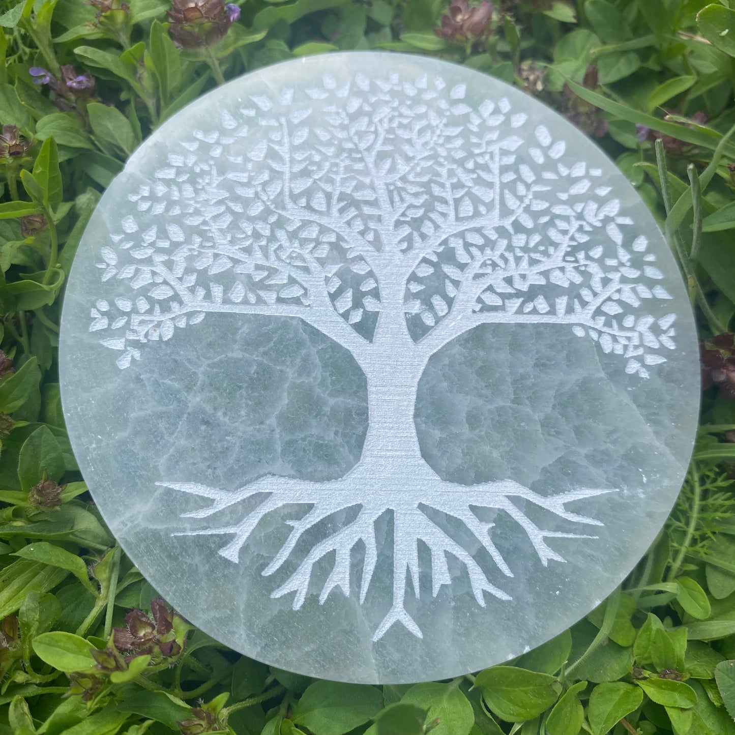 plaque de rechargement en sélénite gravée d'un arbre de vie