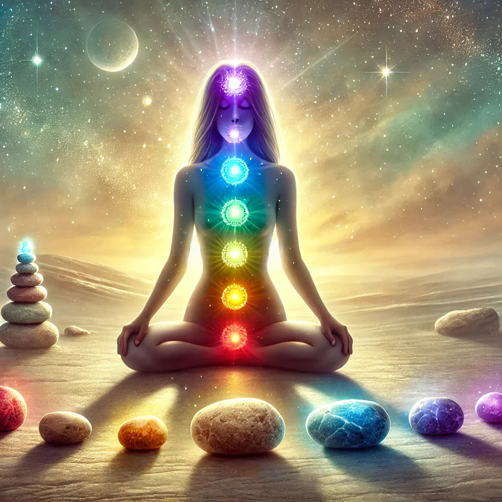 Illustration des sept chakras et pierres naturelles associées